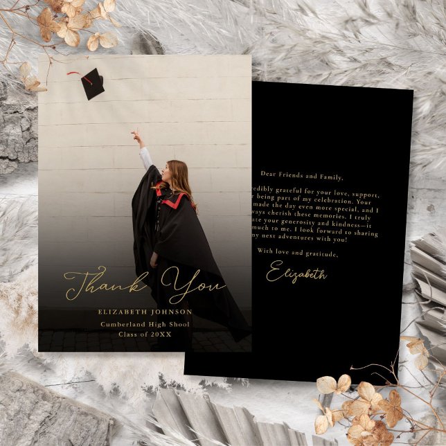 Black And Gold Elegant Photo Script Graduation  Thank You Card (Black And Gold Elegant Photo Script Graduation Thank You Card)