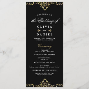 Black and gold elegant romantic vintage wedding pr programme