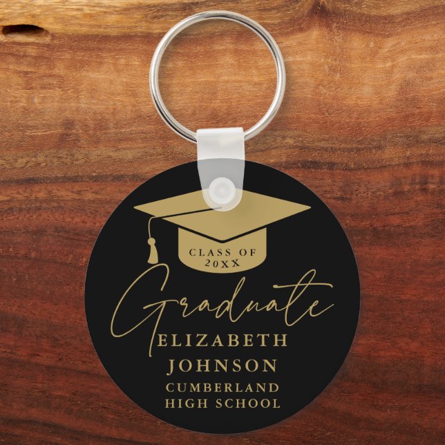 Black And Gold Elegant Script Graduation Key Ring (Back)