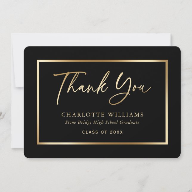Black and Gold Elegant Script Graduation Thank You Card (Front)