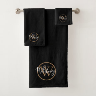 Black and Gold Elegant Script Monogram Bath Towel Set
