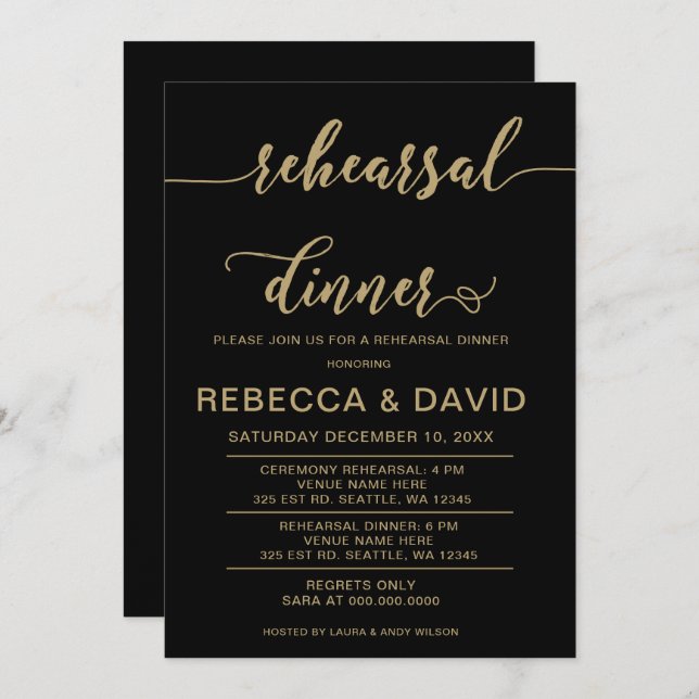 black and gold Elegant Script Rehearsal Dinner Invitation (Front/Back)