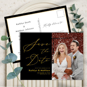 Black and Gold Elegant Script Save The Date Announcement Postcard