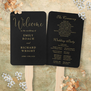 Black And Gold Elegant Script Wedding Program Hand Fan