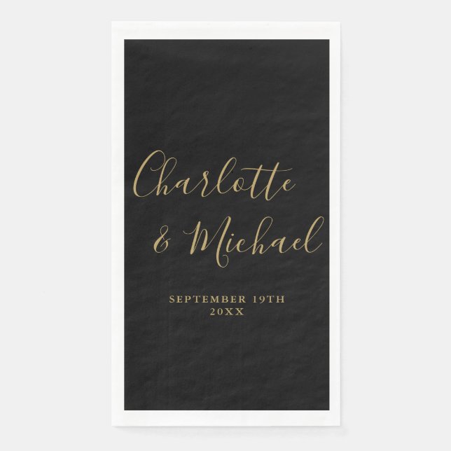Black And Gold Elegant Signature Script Wedding Napkin (Front)