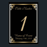 Black and Gold Elegant Table Number Card<br><div class="desc">Create your own sophisticated table number cards for your glamourous black and gold event- Faux gold metallic border with Greek key style corners. Create each custom table number centred in coordinating gold colour. Reads 'Table Number' at top in matching, gold colour elegant lettering. Below is the name of event and...</div>