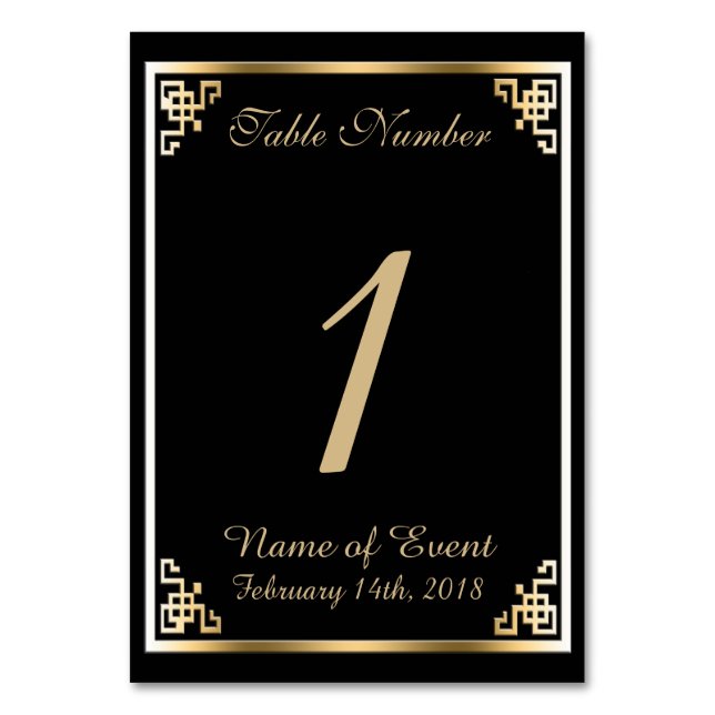 Black and Gold Elegant Table Number Card (Front)