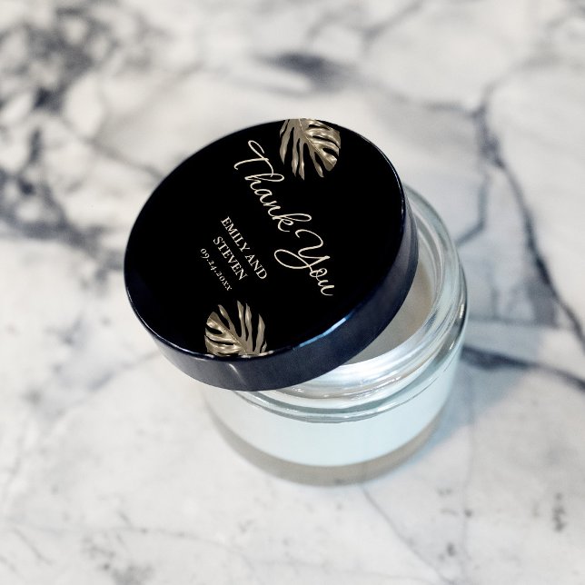Black and Gold Elegant Thank you Wedding Favour Classic Round Sticker (Creator Uploaded)
