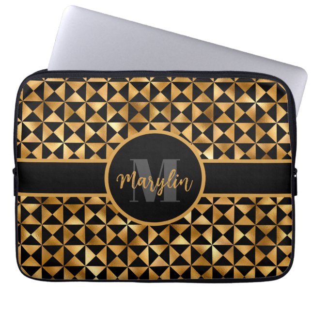 BLACK AND GOLD ELEGANT TRENDY LAPTOP SLEEVE (Front)