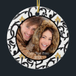 Black and Gold Elegant Vintage Two Photo Two Sided Ceramic Tree Decoration<br><div class="desc">Elegant, vintage black and gold vines with a place to add your photo and text on the front. The design is generic enough for any photo or occasion (i.e., family, baby, pet, newlyweds, engagements, new home, etc.) The back features a full-bleed photo WITH A SEPIA TONE FILTER already applied... you...</div>