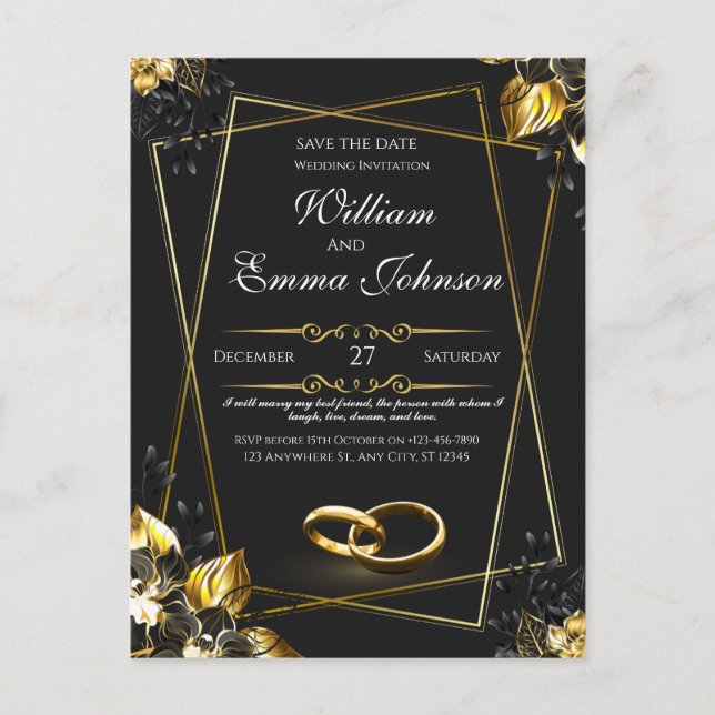 Black and Gold Elegant Wedding  Holiday Postcard (Front)
