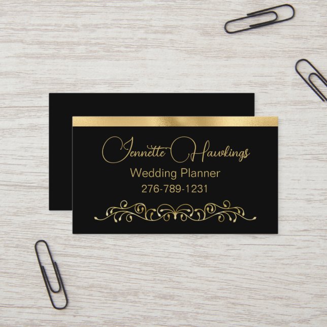 Black and Gold Elegant Wedding Planner Business Card (Front/Back In Situ)