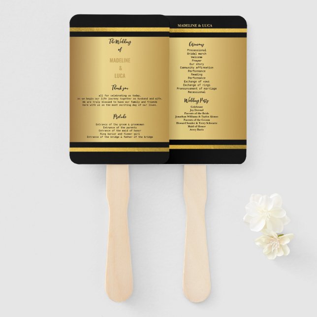 Black and Gold Elegant Wedding Programs Hand Fan (Front and Back)