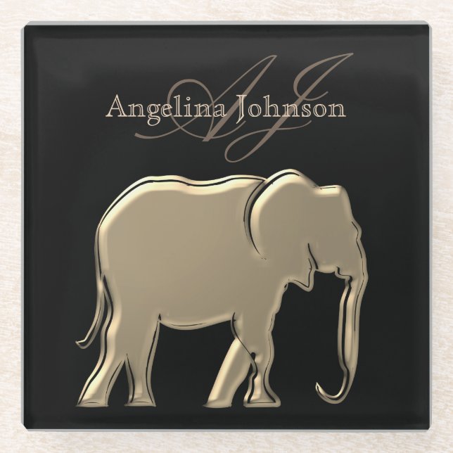 Black and Gold Elephant Elegant Monogrammed Glass Coaster (Front)