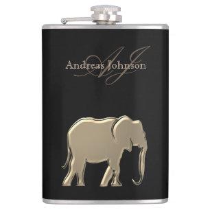 Black and Gold Elephant Glam Elegant Monogrammed Hip Flask
