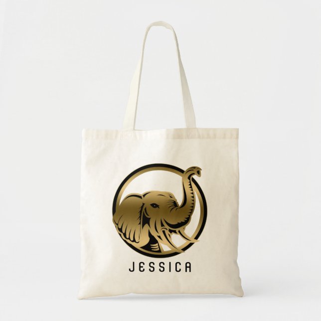 Black And Gold Elephant Illustration Tote Bag (Front)