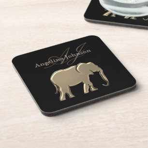 Black and Gold Elephant Modern Elegant Monogrammed Coaster