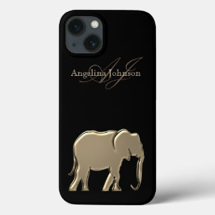 Black and Gold Elephant Silhouette Monogrammed iPhone 13 Case