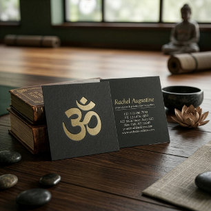 Black and Gold Embossed OM Symbol Yoga Instructor Square Business Card