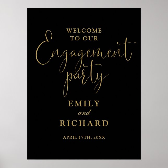 Black And Gold Engagement Party Welcome Sign (Front)