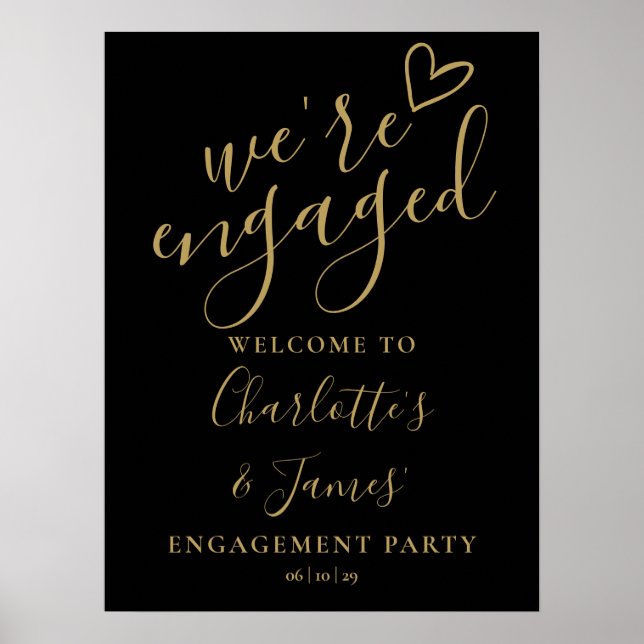 Black And Gold Engagement Party Welcome Sign (Front)