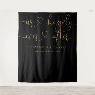 Black And Gold Ever After Heart Script Wedding Tapestry