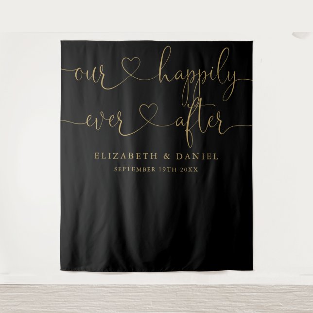 Black And Gold Ever After Heart Script Wedding Tapestry (Front)