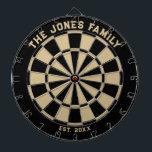 Black and Gold Family Dartboard with Darts<br><div class="desc">Black and gold dart board with two custom text areas. Great wedding gift!</div>