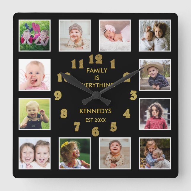 Black And Gold  Family Quote 12 Photo Collage Square Wall Clock (Front)