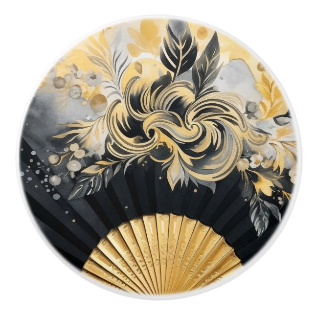 Black and Gold Fan Ceramic Knobs (Front)