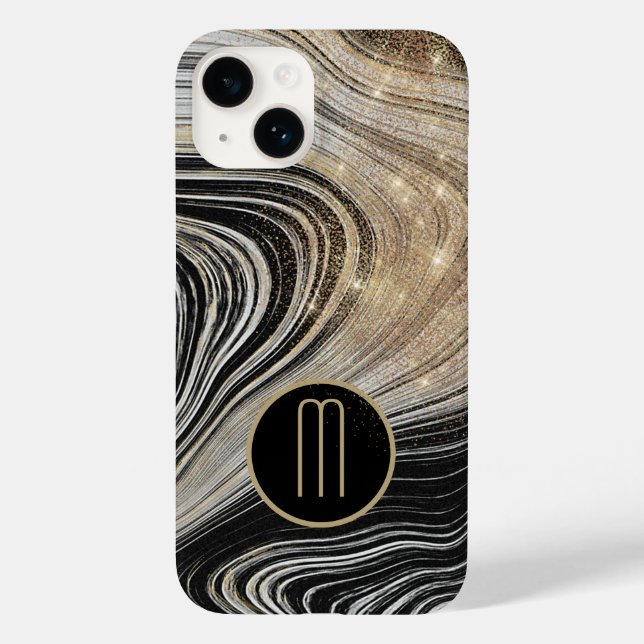 Black and Gold Faux Agate Star Shine Monogram Case-Mate iPhone Case (Back)