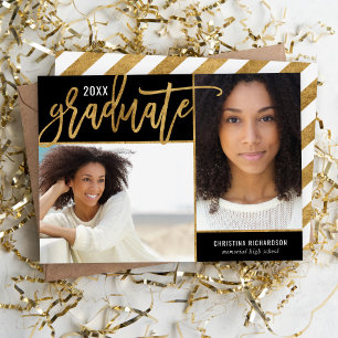 Black and Gold Faux Foil 2 Photo Graduation Announ Announcement
