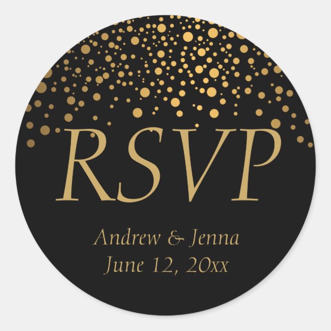Black and Gold Faux Foil Confetti Dots Classic Round Sticker (Front)