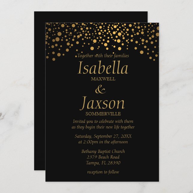 Black and Gold Faux Foil Confetti Dots Invitation (Front/Back)