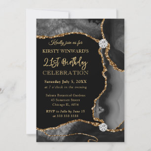 Black and Gold Faux Glitter Agate Birthday Invitation
