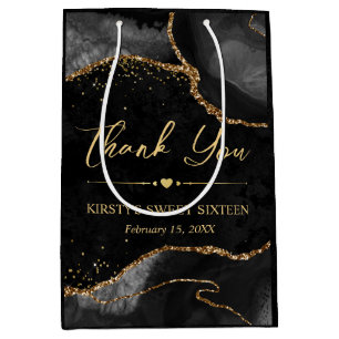Black and Gold Faux Glitter Agate Sweet 16 Medium Gift Bag