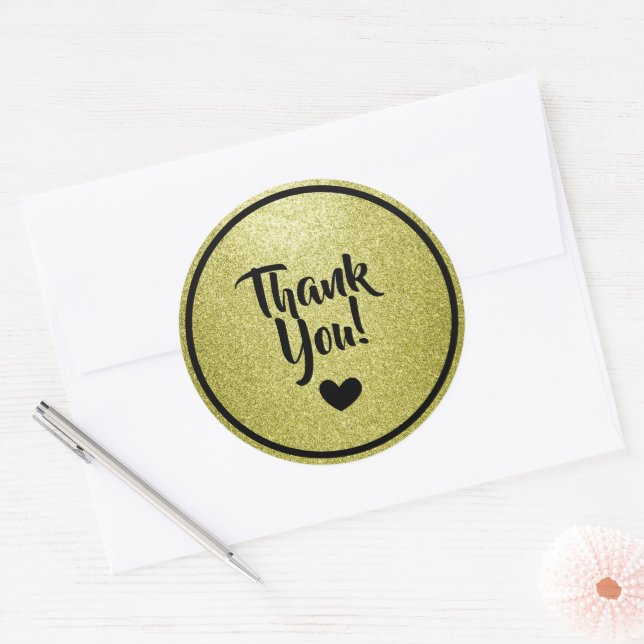 Black and Gold Faux Glitter Thank You Classic Round Sticker (Envelope)
