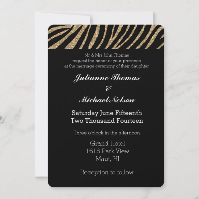 Black and Gold Faux Glitter Zebra Print Wedding Invitation (Front)