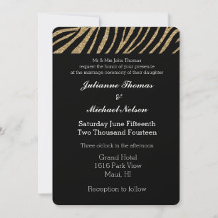 Black and Gold Faux Glitter Zebra Print Wedding Invitation