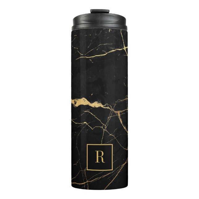 Black and gold faux marble texture thermal tumbler (Front)