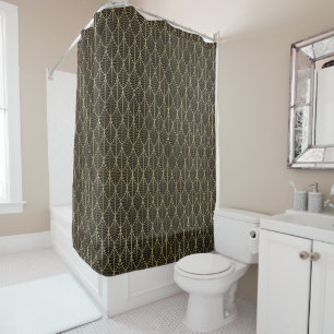 Black and Gold Feather or Leaf Art Deco Pattern Shower Curtain