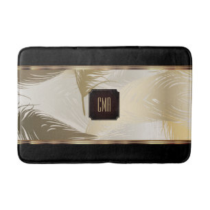 Black and Gold Feather Pattern with Monogram Bath Mat
