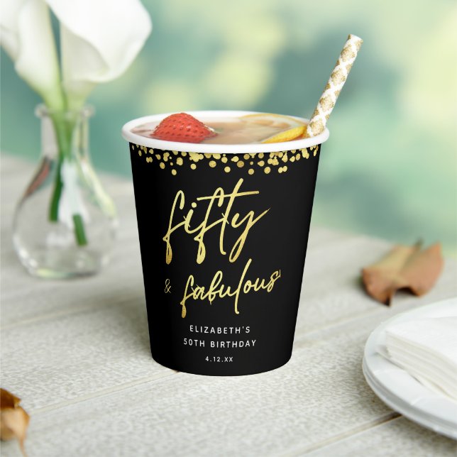 Black and Gold Fifty and Fabulous 50th Birthday Paper Cups (Insitu)