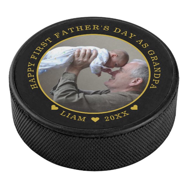 Black And Gold First Father's Day As Grandpa Photo Hockey Puck (3/4)