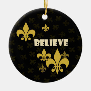 Black and Gold Fleur de Lis Believe Ceramic Tree Decoration