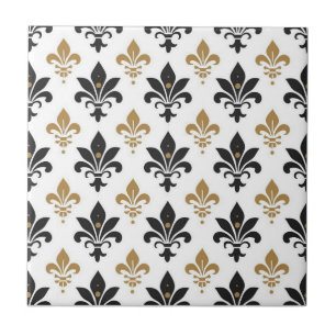 Black and Gold Fleur-de-Lis Pattern Tile