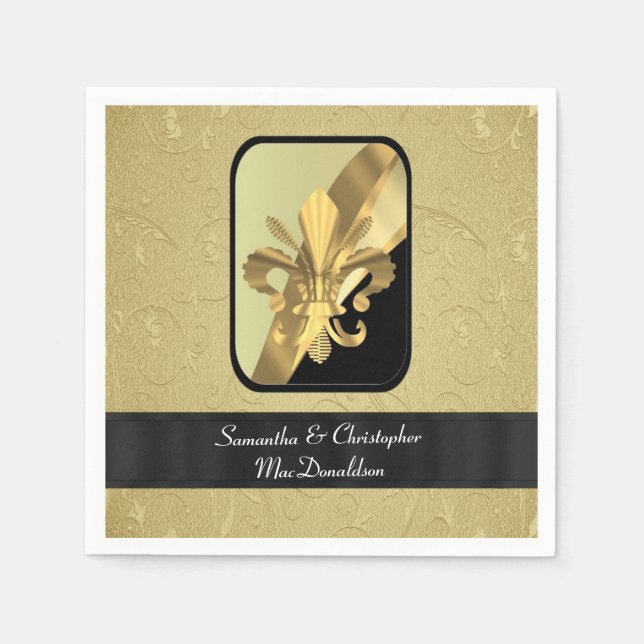 Black and gold fleur de lys personalised napkin (Front)