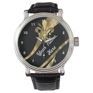 Black and gold fleur de lys personalised watch