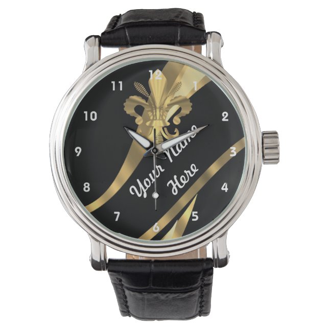 Black and gold fleur de lys personalised watch (Front)