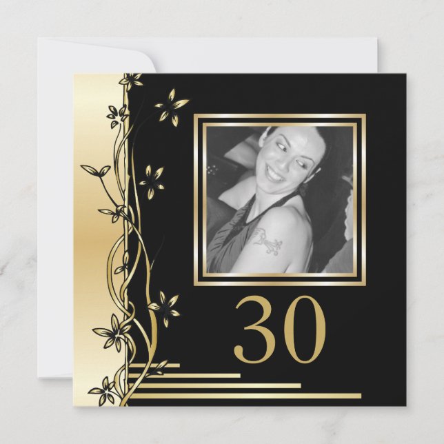 Black and gold floral 30th birthday invitation (Front)